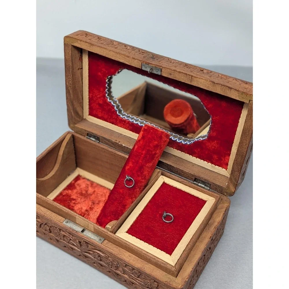Inlaid Wooden Trinket Jewelry Box Red Velvet India Vintage